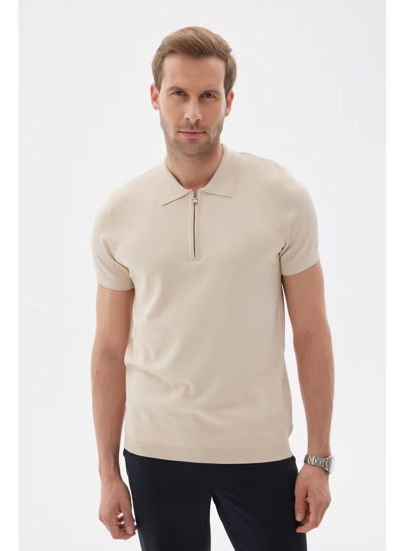 Odelon Limited Men's Plain Zipper Polo Collar Rayon Knitwear T-Shirt Beige - Image 4